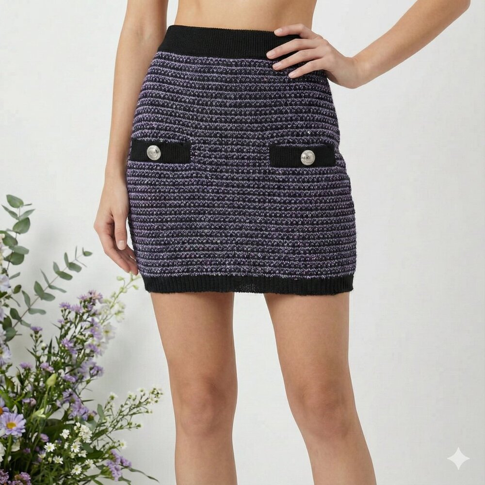 Balmain Striped Sequin Knit Mini Skirt with Silver Buttons - Purple & Black